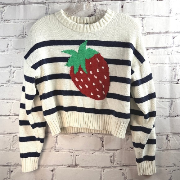 Cropped Strawberry Motif Sweater M Cream Black Striped Knit Cottagecore Coquette - Picture 8 of 8